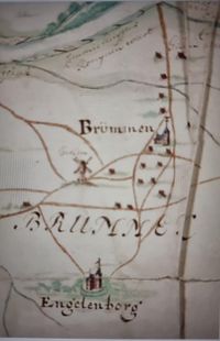 Bovenstaand detail uit een kaart geeft de hoeveelheid huizen in het dorp aan in 1719.
